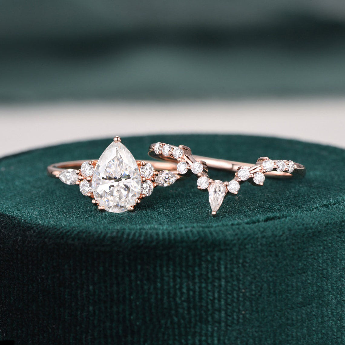1.50 CT Pear Shaped Moissanite Cluster Bridal Ring Set - crownmoissanite