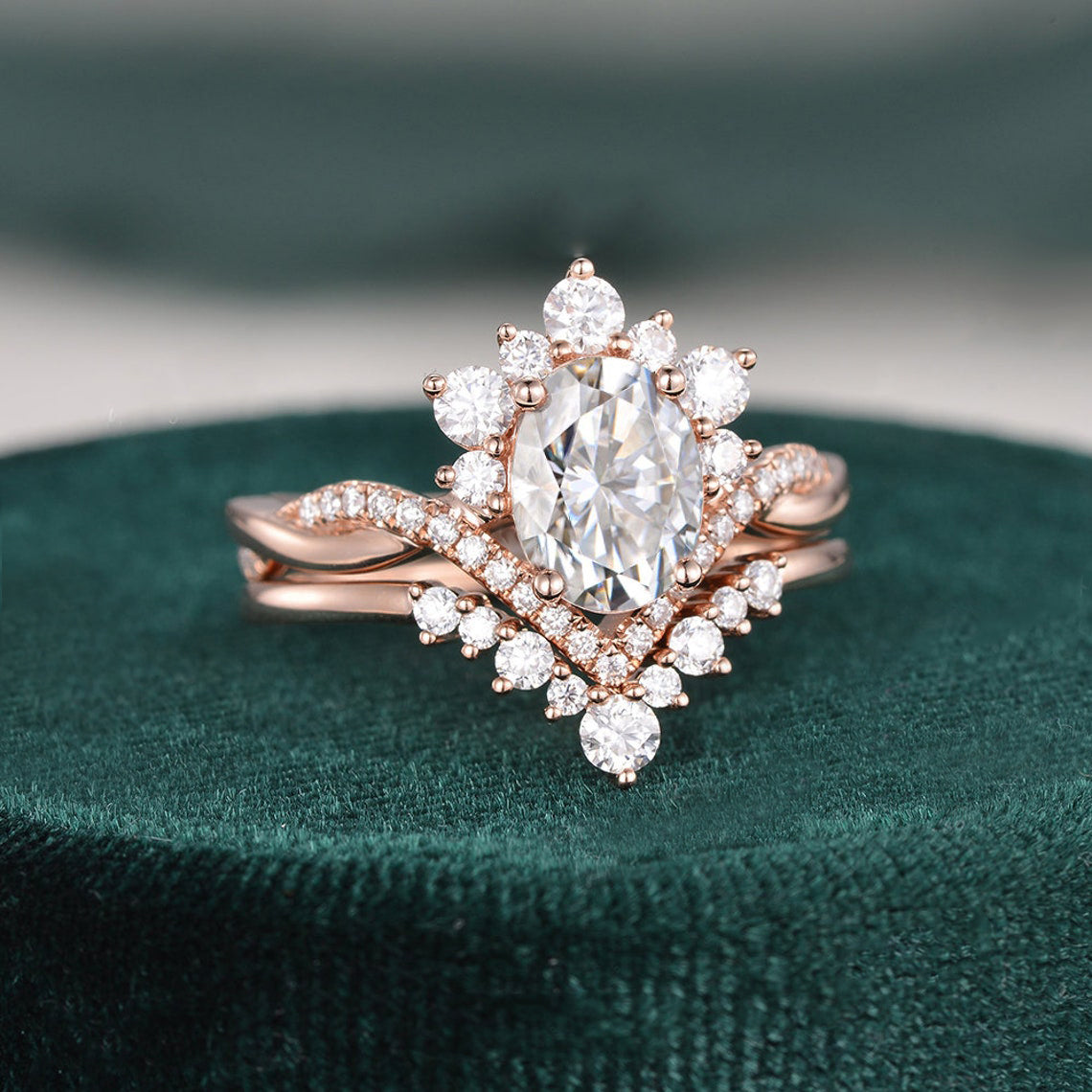 1.50 CT Oval Shapd Moissanite Cluster Bridal Ring Set - crownmoissanite