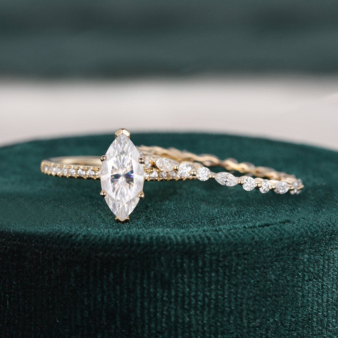 1.0 CT Marquise Shaped Moissanite Solitaire Bridal Ring Set - crownmoissanite