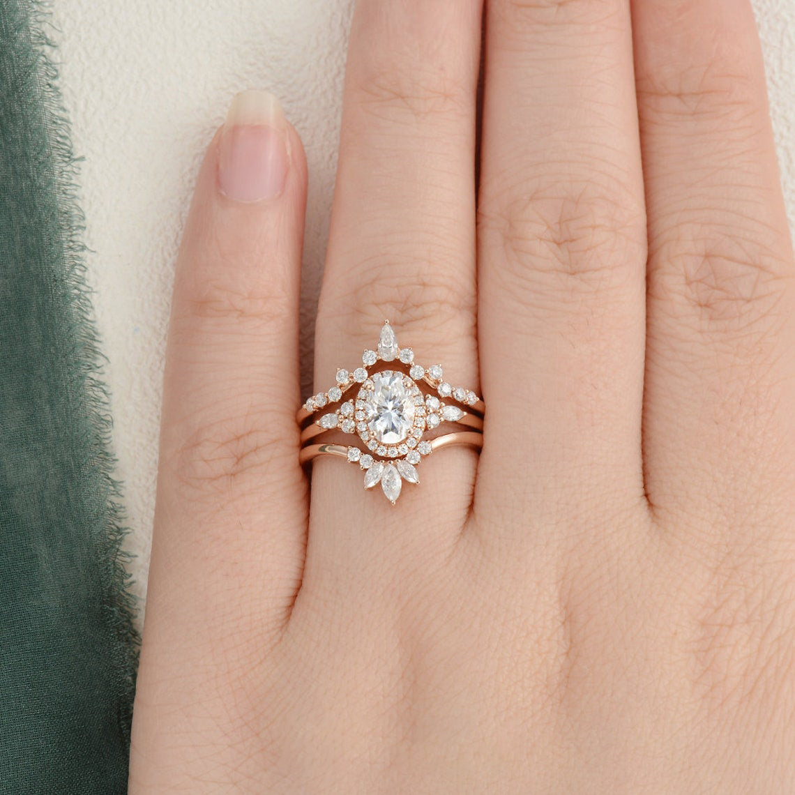 1.0 CT Oval Shaped Moissanite Cluster Halo Bridal Ring Set - crownmoissanite