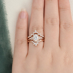 1.0 CT Oval Cut Cluster Halo Moissanite Bridal Ring Set - crownmoissanite