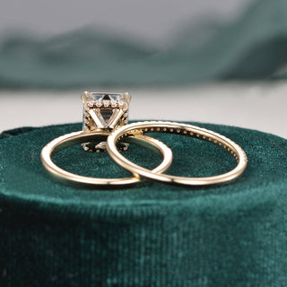 1.50 CT Emerald Cut Hidden Halo Moissanite Bridal Ring Set - crownmoissanite