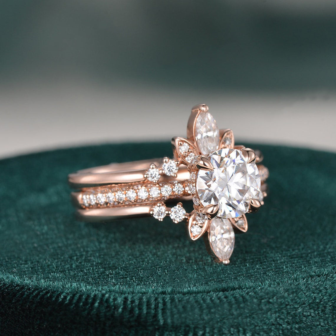 1.0 CT Round Cut Hidden Halo Moissanite Bridal Ring Set - crownmoissanite