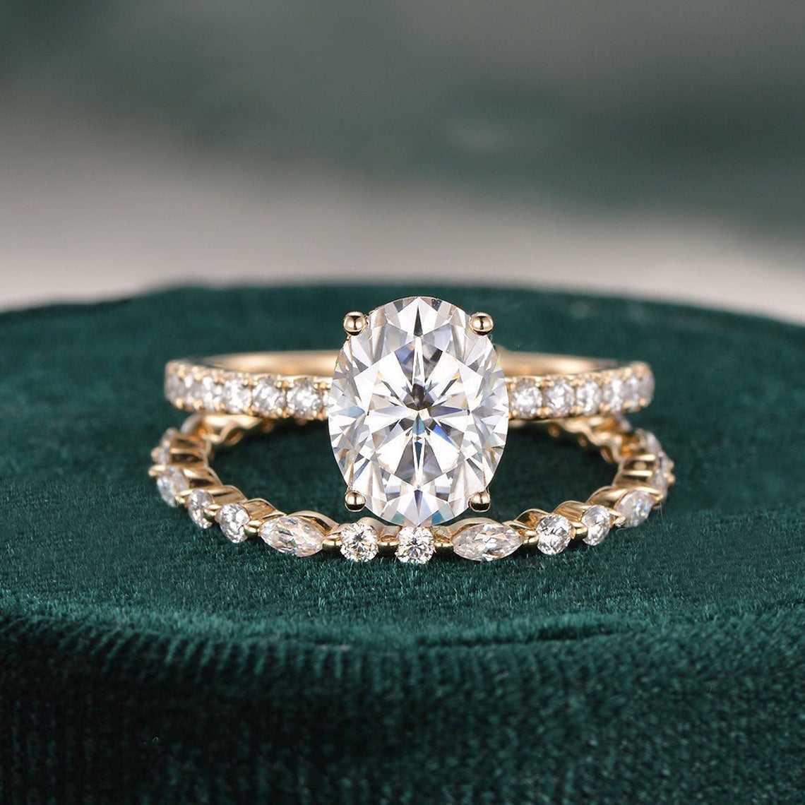 2.0 CT Oval Shaped Moissanite Hidden Halo Bridal Ring Set - crownmoissanite
