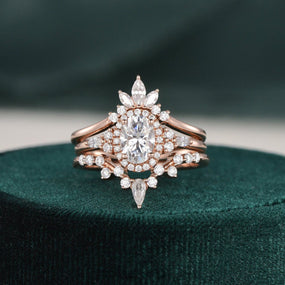 1.0 CT Oval Cut Cluster Halo Moissanite Bridal Ring Set - crownmoissanite