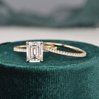 1.50 CT Emerald Cut Hidden Halo Moissanite Bridal Ring Set - crownmoissanite