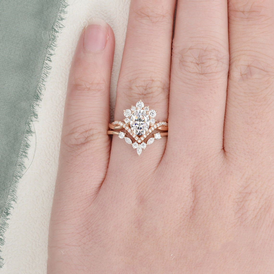 1.50 CT Oval Shaped Moissanite Cluster Bridal Ring Set - crownmoissanite