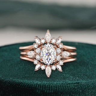 1.0 CT Oval Shaped Moissanite Cluster Bridal Ring Set - crownmoissanite