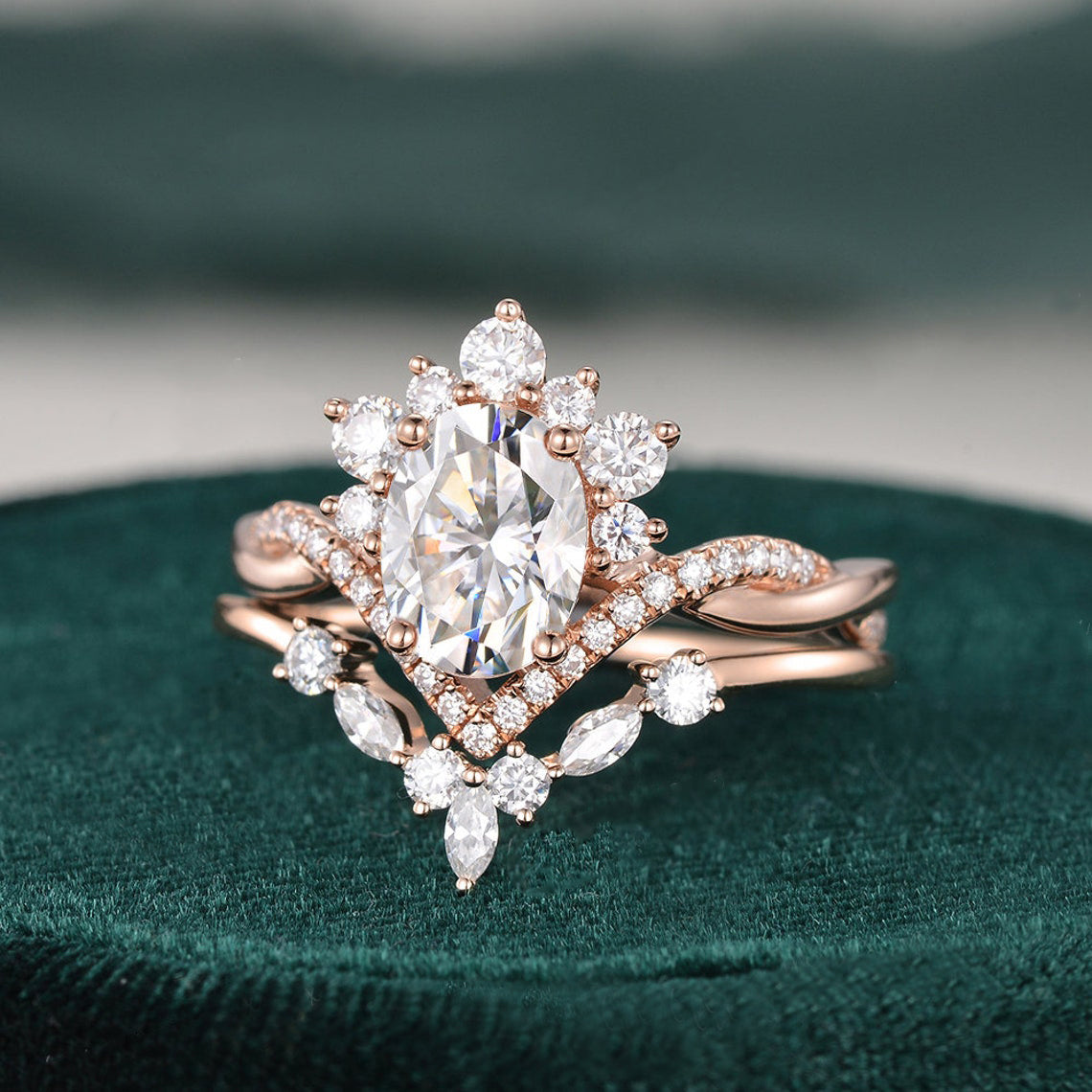 1.50 CT Oval Cut Twisted Art Deco Moissanite Bridal Ring Set - crownmoissanite