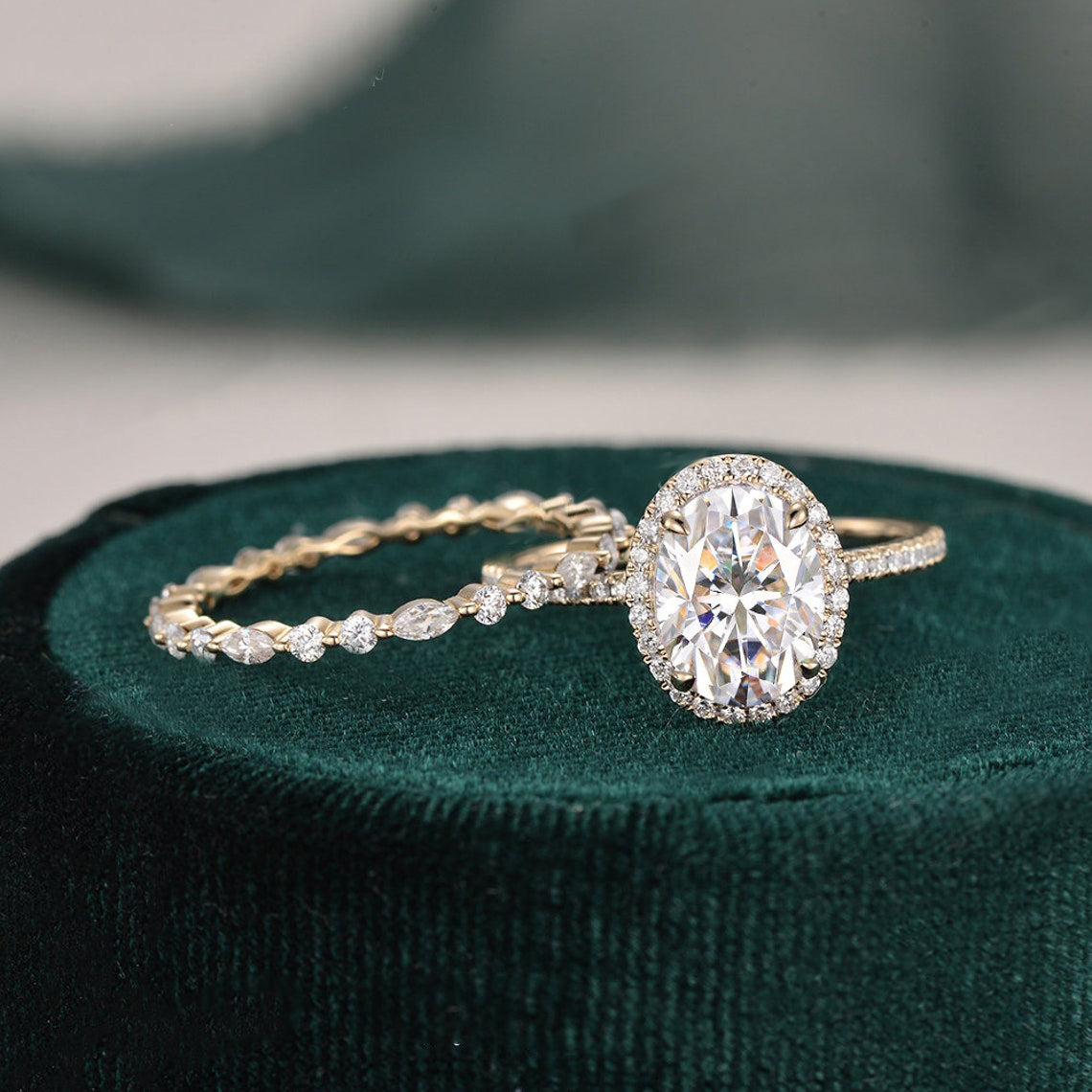 2.0 CT Oval Shaped Moissanite Halo Bridal Ring Set - crownmoissanite