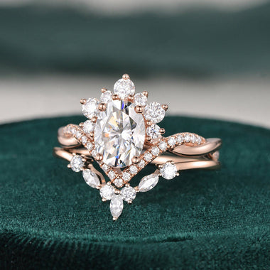 1.50 CT Oval Shaped Moissanite Cluster Bridal Ring Set - crownmoissanite