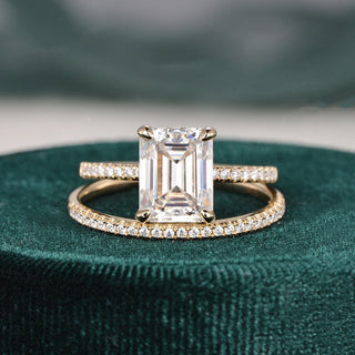 1.50 CT Emerald Cut Hidden Halo Moissanite Bridal Ring Set - crownmoissanite