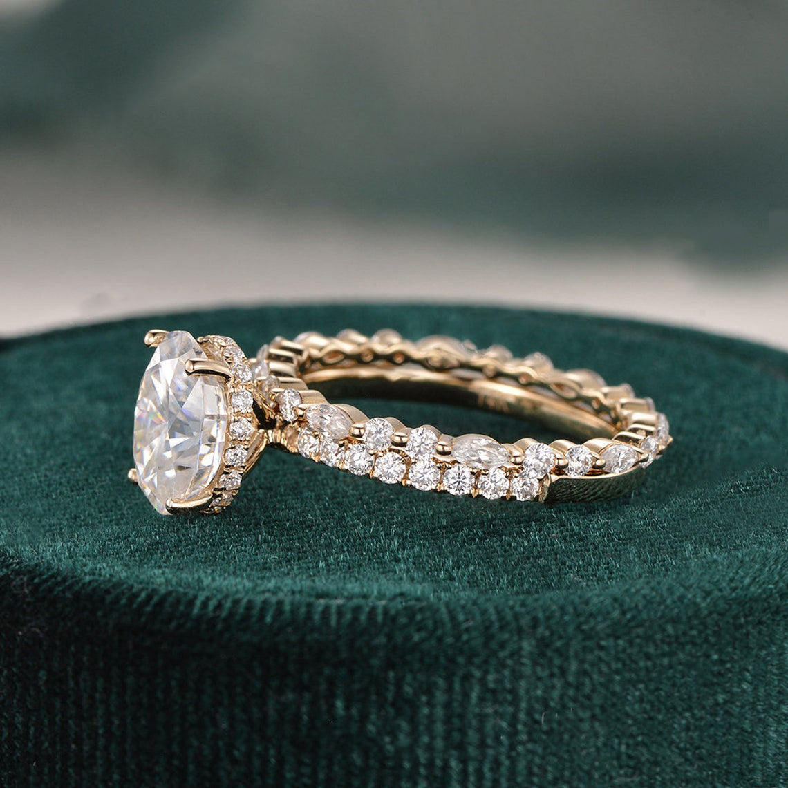 2.0 CT Oval Shaped Moissanite Hidden Halo Bridal Ring Set - crownmoissanite