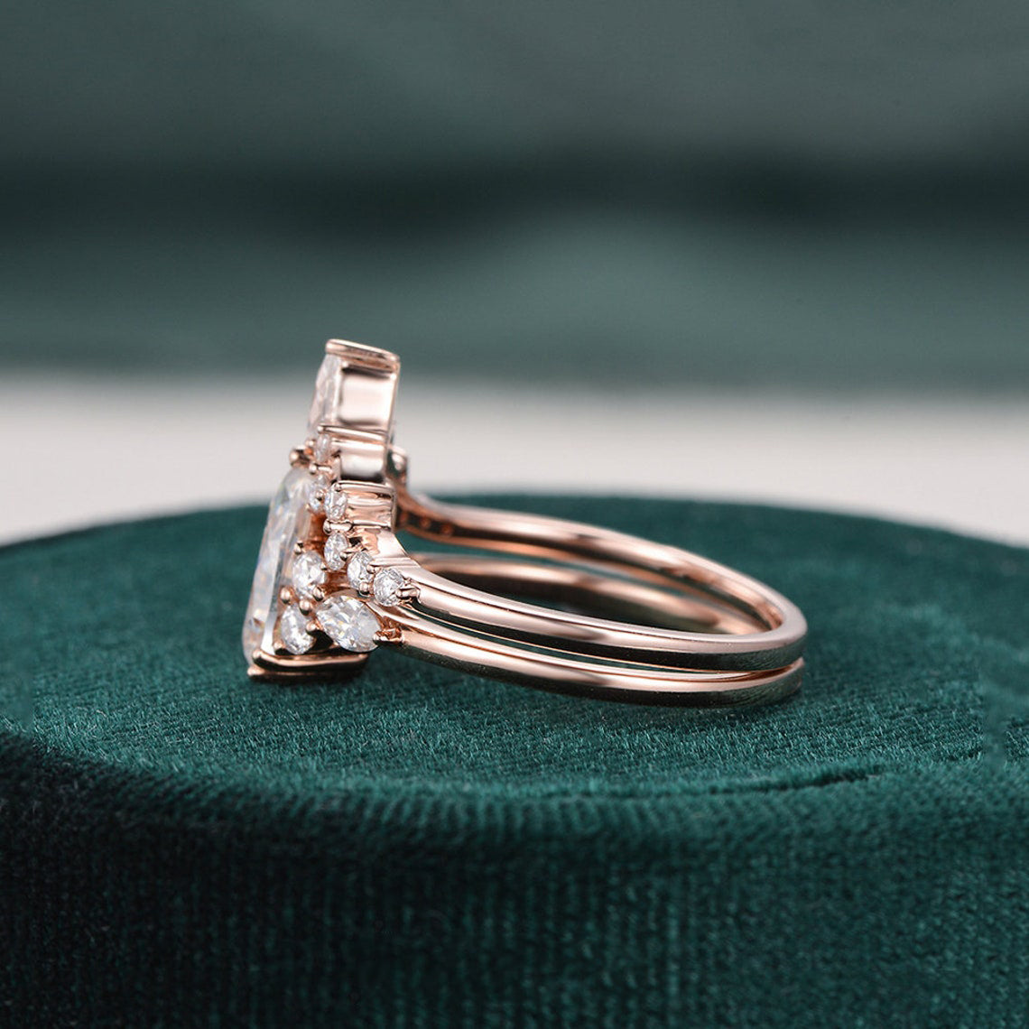 1.50 CT Pear Shaped Moissanite Cluster Bridal Ring Set - crownmoissanite