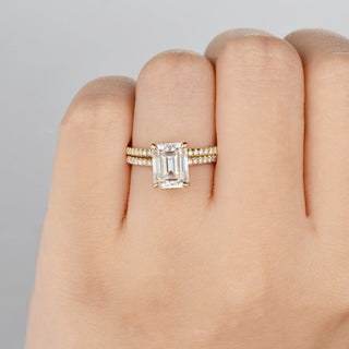 1.50 CT Emerald Cut Hidden Halo Moissanite Bridal Ring Set - crownmoissanite