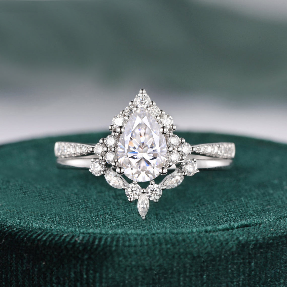1.50 CT Pear Shaped Moissanite Cluster Bridal Ring Set - crownmoissanite