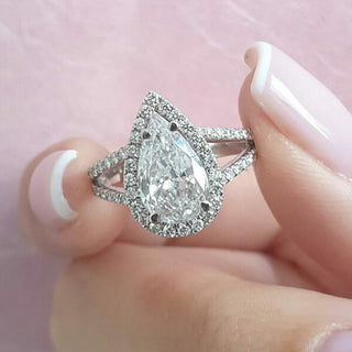 2.25 CT Pear Halo & Split Shank Moissanite Engagement Ring - crownmoissanite