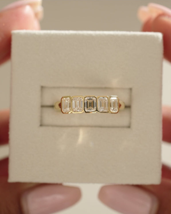 2.25 TCW emerald cut moissanite wedding band with bezel setting – modern and secure gold band featuring step-cut stones, perfect for bold bridal or statement wear.