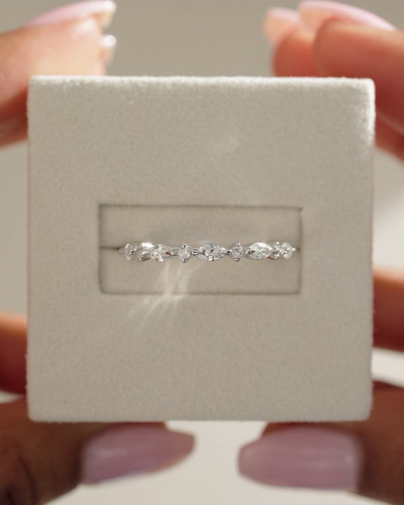 0.41 TCW marquise and round cut moissanite half eternity wedding band – elegant alternating design in polished gold, perfect for stacking or bridal wear.