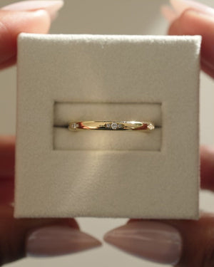 0.10 TCW round cut moissanite flush-set wedding band – sleek and minimalist gold ring with subtle sparkle, ideal for modern bridal or everyday wear.