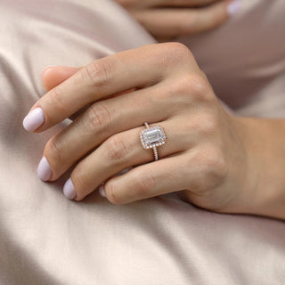 2.10 Emerald Halo Style Moissanite Engagement Ring - crownmoissanite