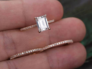 1.0 CT Emerald Cut Solitaire Moissanite Bridal Ring Set - crownmoissanite