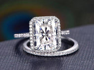 3.0 CT Radiant Cut Halo Style Moissanite Bridal Ring Set - crownmoissanite