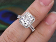 3.0 CT Radiant Cut Halo Style Moissanite Bridal Ring Set - crownmoissanite