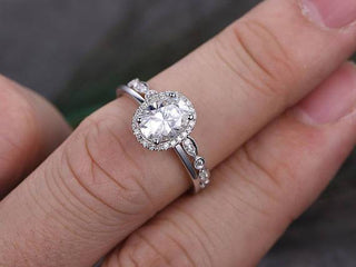 1.0 CT Oval Cut Halo Pave Moissanite Bridal Ring Set - crownmoissanite