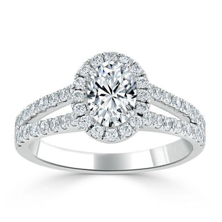 0.94 CT Oval Shaped Moissanite Halo Split Shank Engagement Ring - crownmoissanite