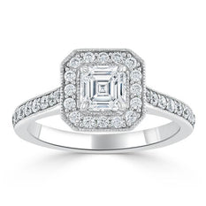 1.05 CT Asscher Cut Halo Pave Setting Moissanite Engagement Ring - crownmoissanite