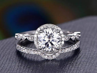 1.5 CT Round Cut Halo Pave Setting Moissanite Bridal Ring Set - crownmoissanite