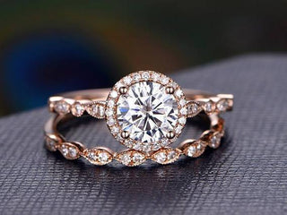 0.75 CT Round Halo Pave Moissanite Bridal Ring Set - crownmoissanite