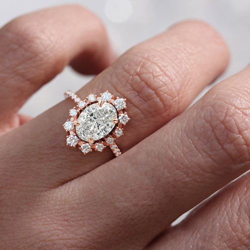 0.70 CT Oval Moissanite Halo & Pave Engagement Ring