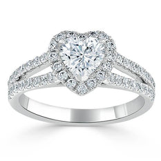 1.0 CT Heart Shaped Moissanite Halo & Split Shank Engagement Ring - crownmoissanite