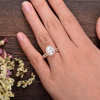 1.50 CT Oval Shaped Moissanite Halo Bridal Ring Set - crownmoissanite