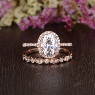 1.50 CT Oval Shaped Moissanite Halo Bridal Ring Set - crownmoissanite