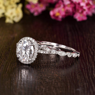1.50 CT Oval Shaped Moissanite Halo Bridal Ring Set - crownmoissanite