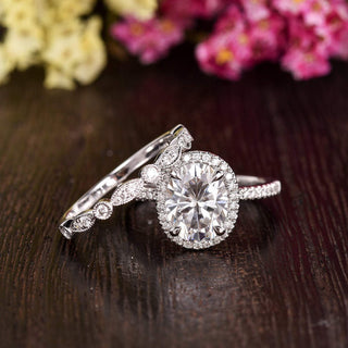 1.50 CT Oval Shaped Moissanite Halo Bridal Ring Set - crownmoissanite
