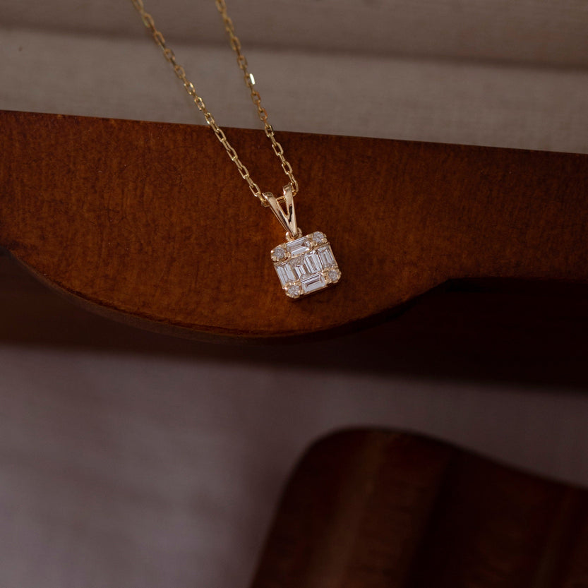 0.18 TCW Round & Baguette Moissanite Square Necklace - crownmoissanite