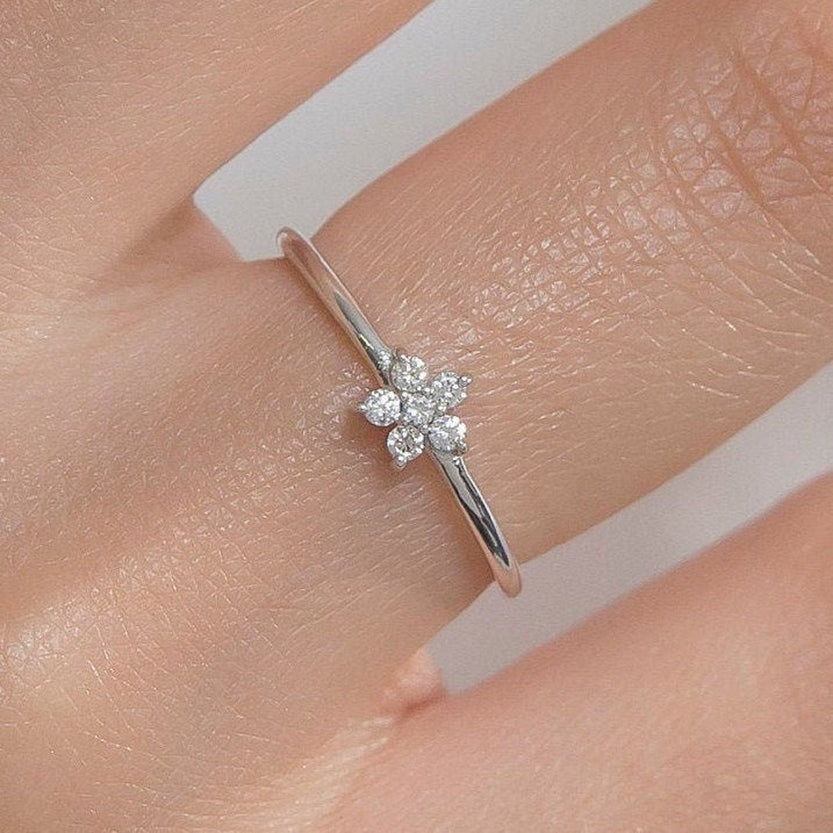 0.08 TCW Round Moissanite Flower Dainty Ring - crownmoissanite