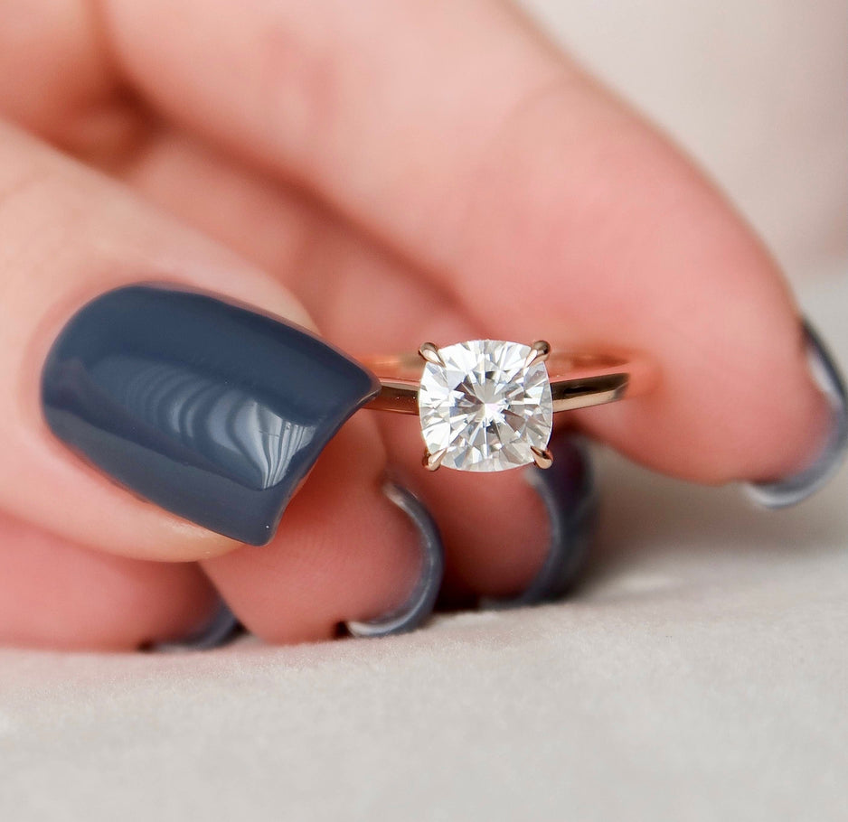 2.0 CT Cushion Hidden Halo & Solitaire Moissanite Engagement Ring - crownmoissanite