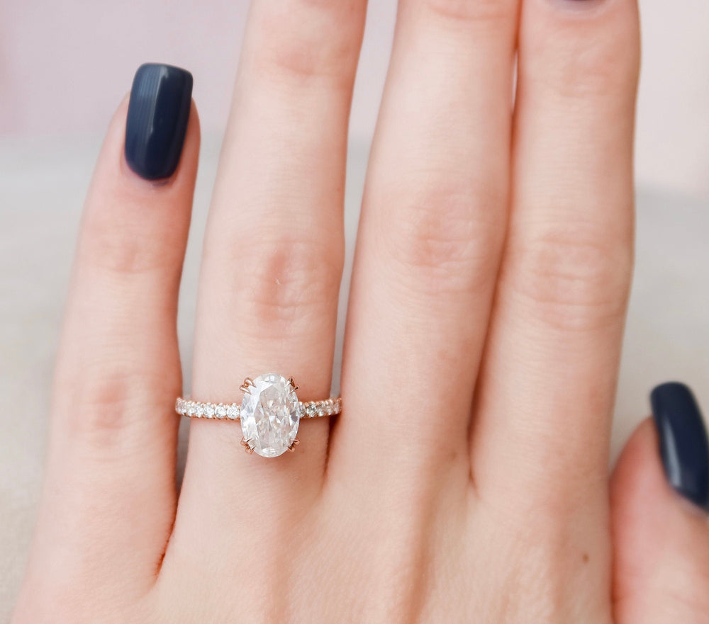 2.0 CT Oval Hidden Halo & Pave Setting Moissanite Engagement Ring - crownmoissanite