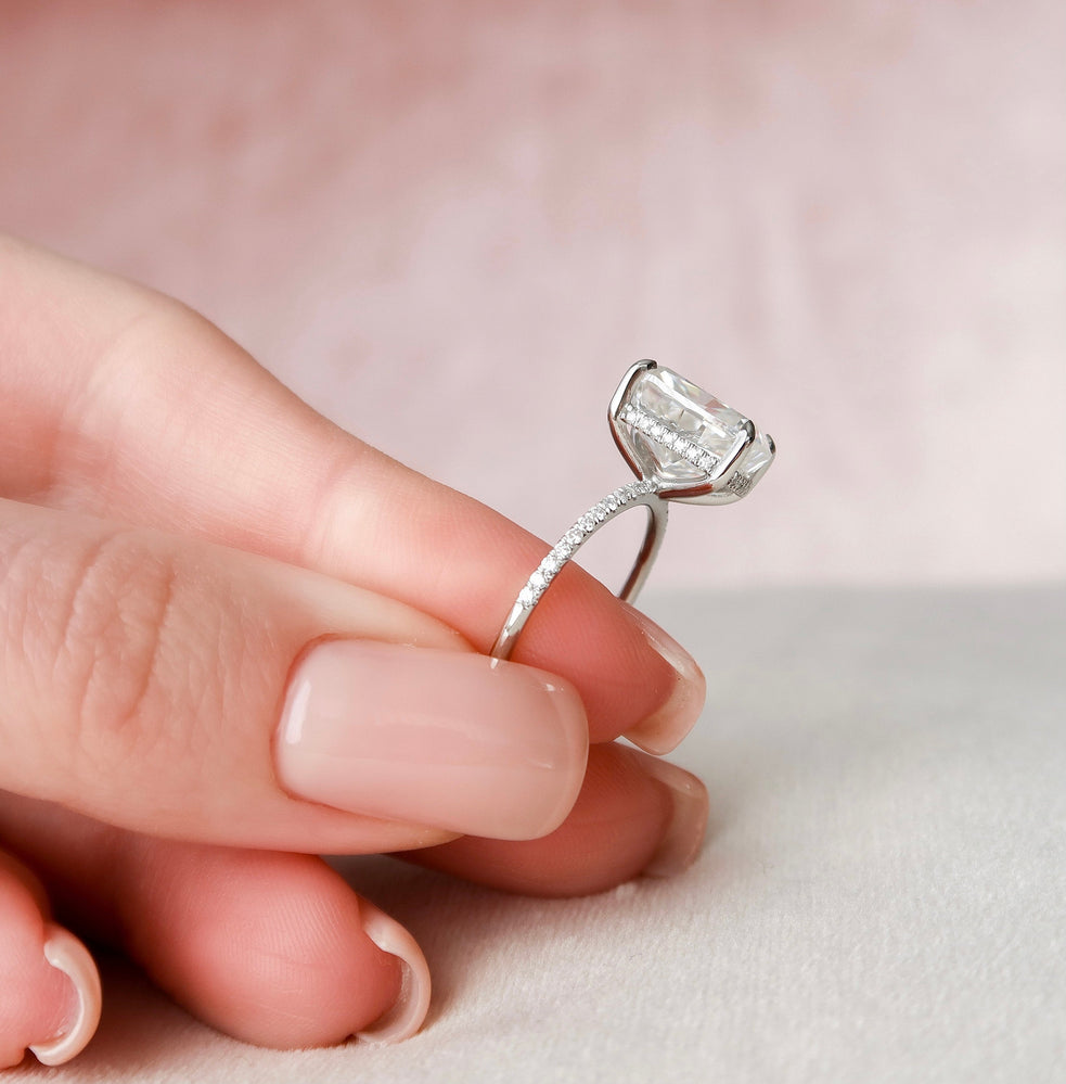 6.0 CT Elongated Cushion Cut Pave Moissanite Engagement Ring - crownmoissanite