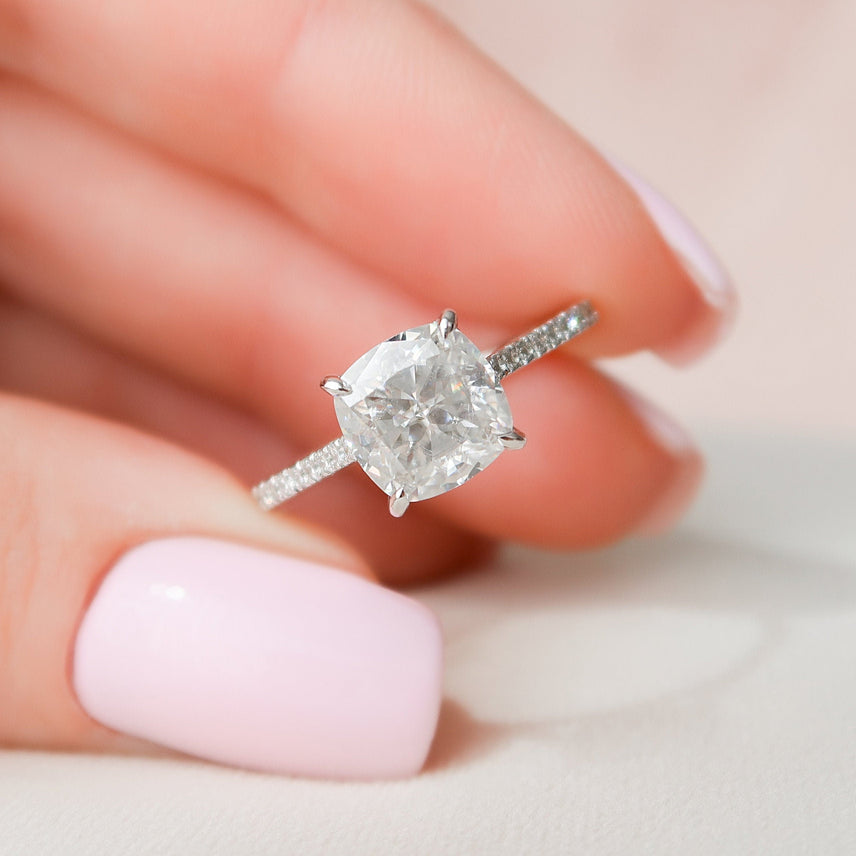 3.0 CT Cushion Hidden Halo & Pave Setting Moissanite Engagement Ring - crownmoissanite