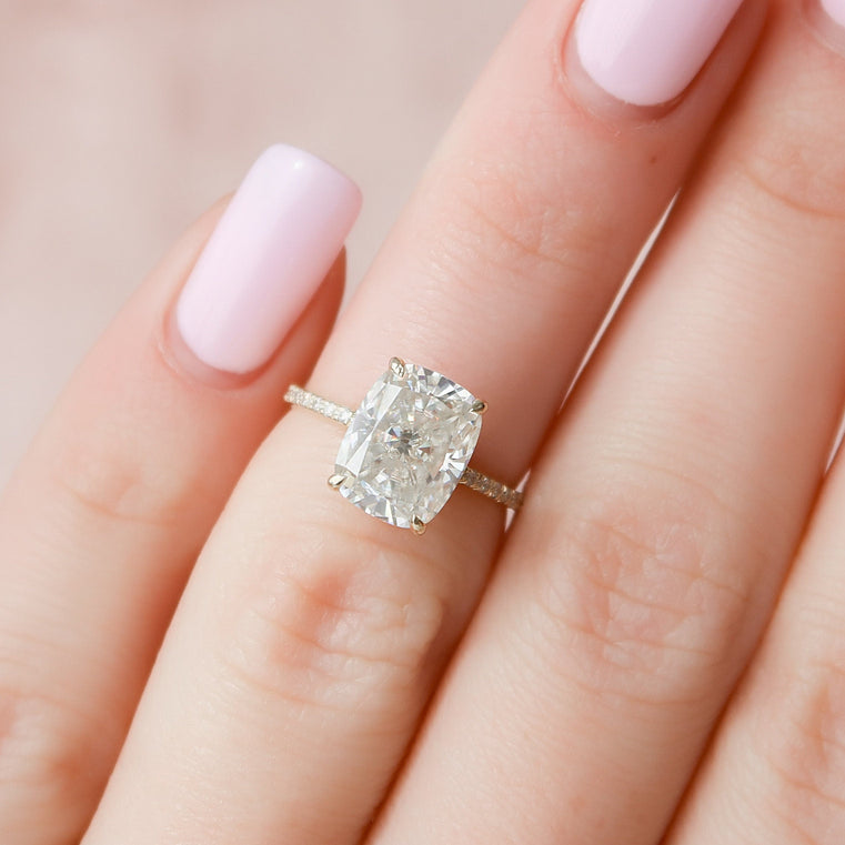 2.0 CT Cushion Hidden Halo & Pave Setting Moissanite Engagement Ring - crownmoissanite