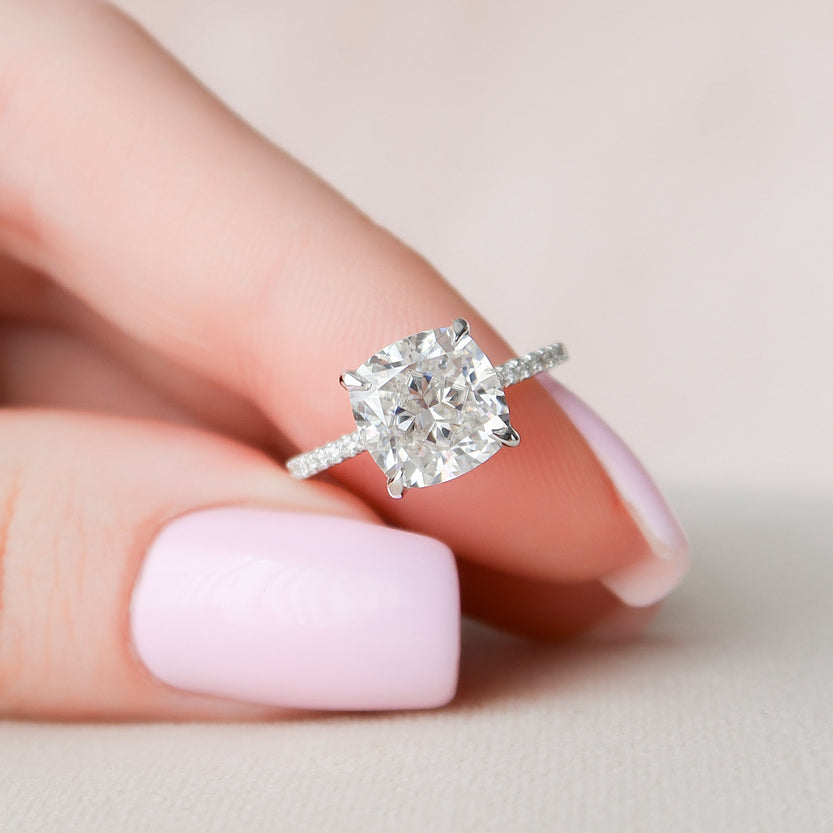 2.5 CT Cushion Hidden Halo & Pave Setting Moissanite Engagement Ring - crownmoissanite