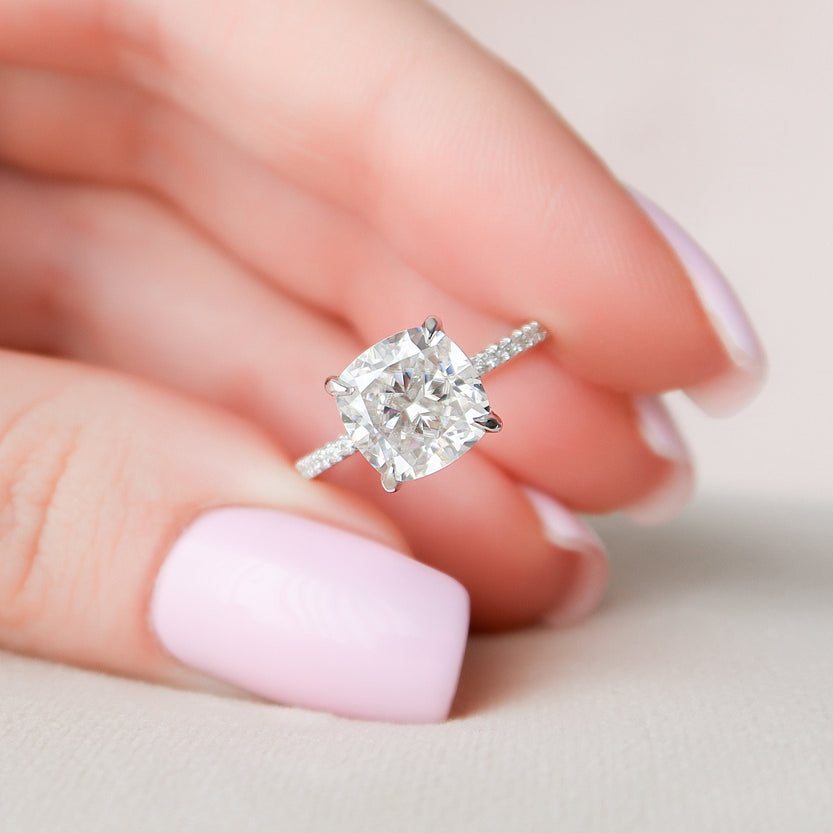 2.5 CT Cushion Hidden Halo & Pave Setting Moissanite Engagement Ring - crownmoissanite