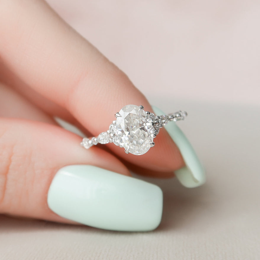 1.5 CT Oval Shaped Moissanite Cluster Engagement Ring - crownmoissanite