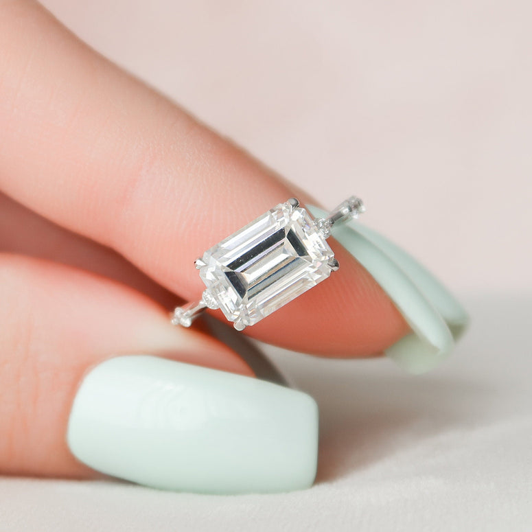 3.0 CT Emerald Cut Solitaire & Dainty Pave Moissanite Engagement Ring - crownmoissanite